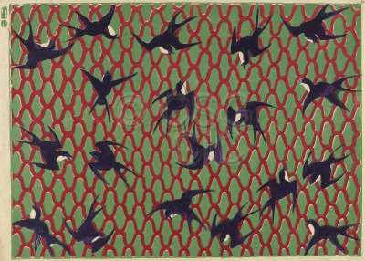 Woodblock print with swallows...