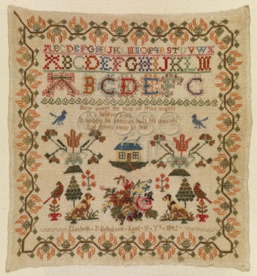 Sampler in linen embroidered with...