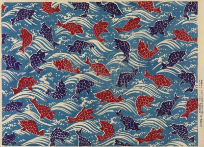 Woodblock print with blue waves...